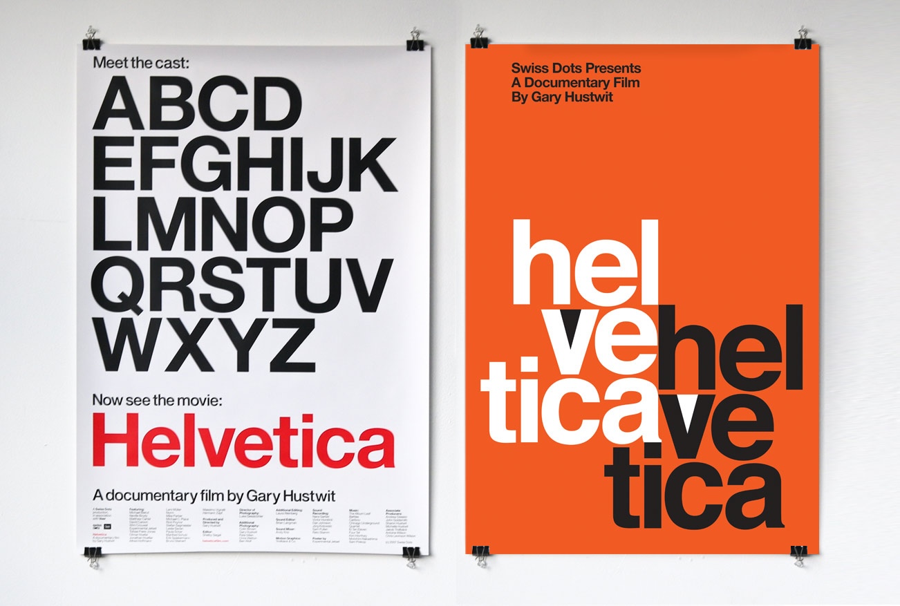 Two posters for Helvetica the movie. Left poster says Meet the cast, and has the whole uppercase alphabet. Then it says Now see the movie: Helvetica, a documentary film by Gary Hustwit. Right poster says Swiss Dots presents a documentary film by Gary Hustwit, and has the word Helvetica written twice, interlocking and spread over several lines.