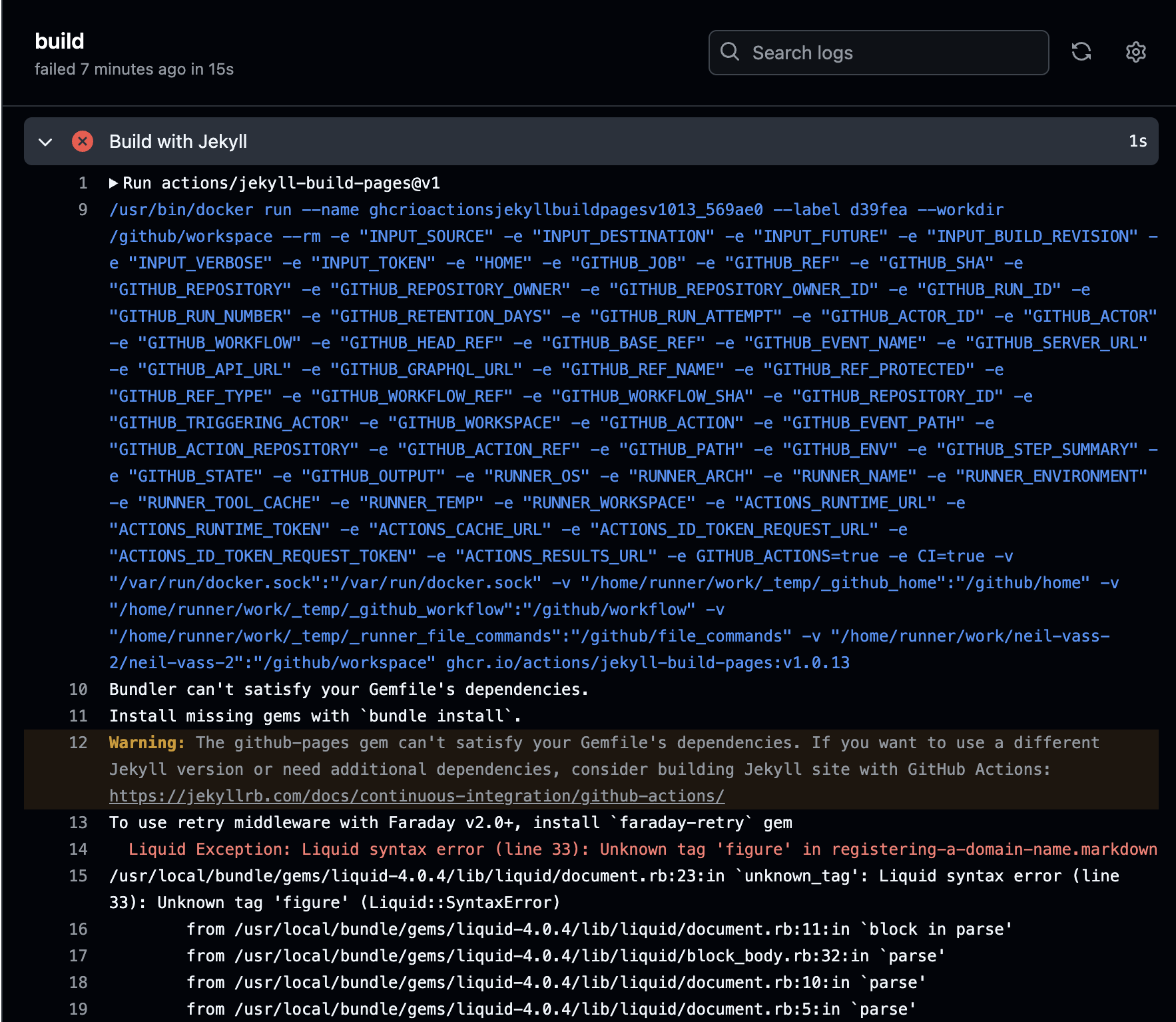 Screenshot of the build error. A complicated looking run command with lots of command line switches, warnings about missing gems, and a liquid exception saying "unkown tag figure" on line 33.